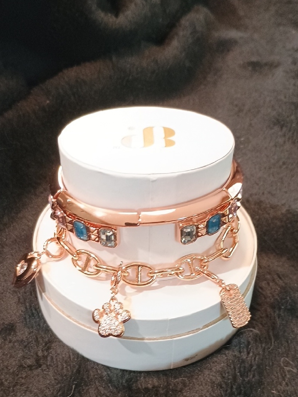 Rose Gold Charm Bracelet Set with Blue and Clear Stones -